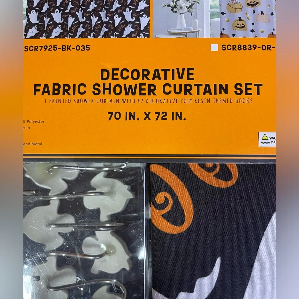 13-pc Halloween Fabric Shower Curtain Set w/12 Ghost Hooks Black White NEW NWT